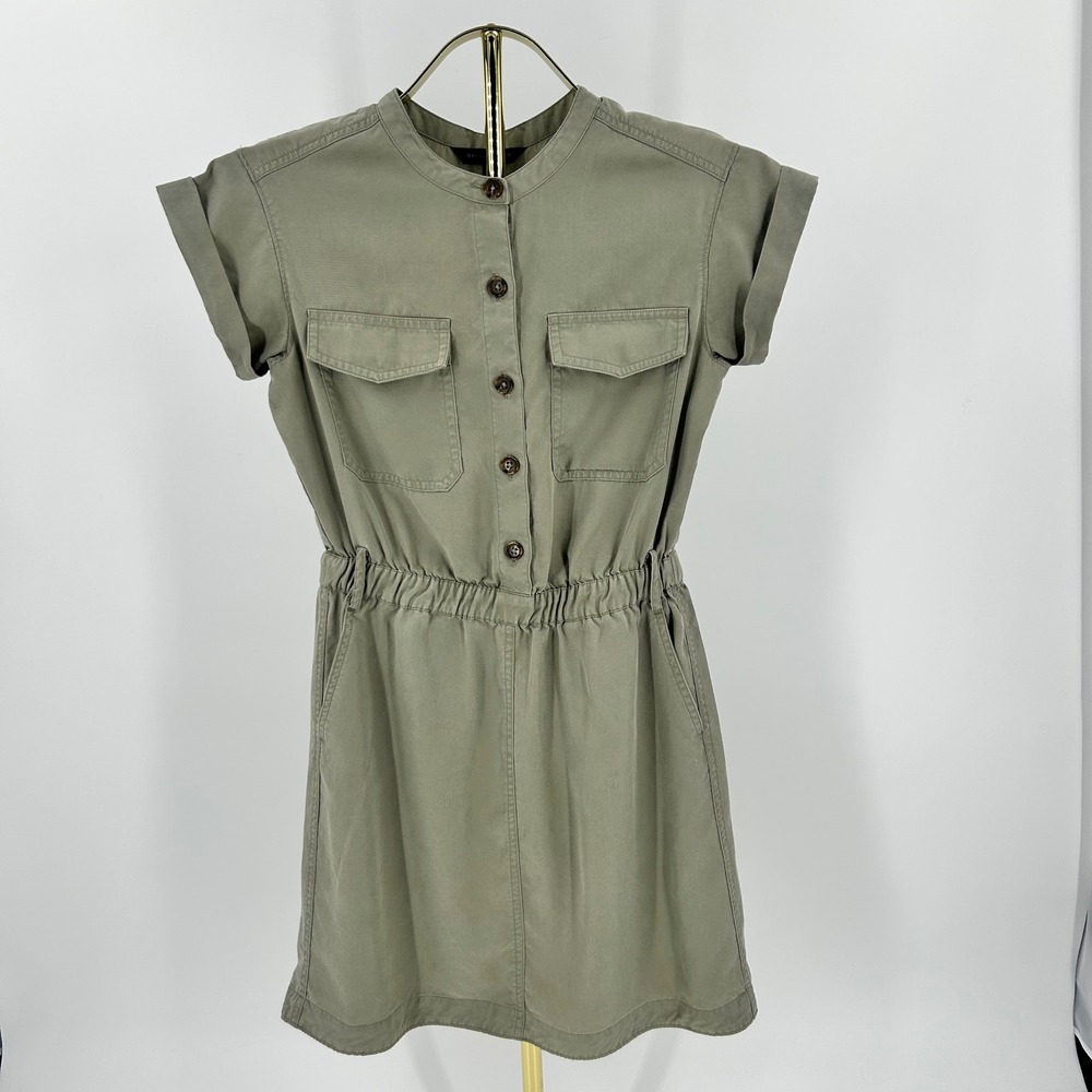 Banana Republic Olive Green Tencel Utility Mini Shirt Dress Petite XXS
